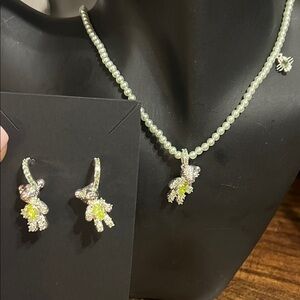 Green Jeweled Silver Teddy Bear Earrings and  Pendant Necklace Set